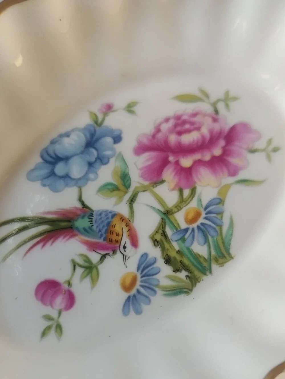 Spode Small White Scalloped Dish with Pink & Blue Floral and Bird Motif